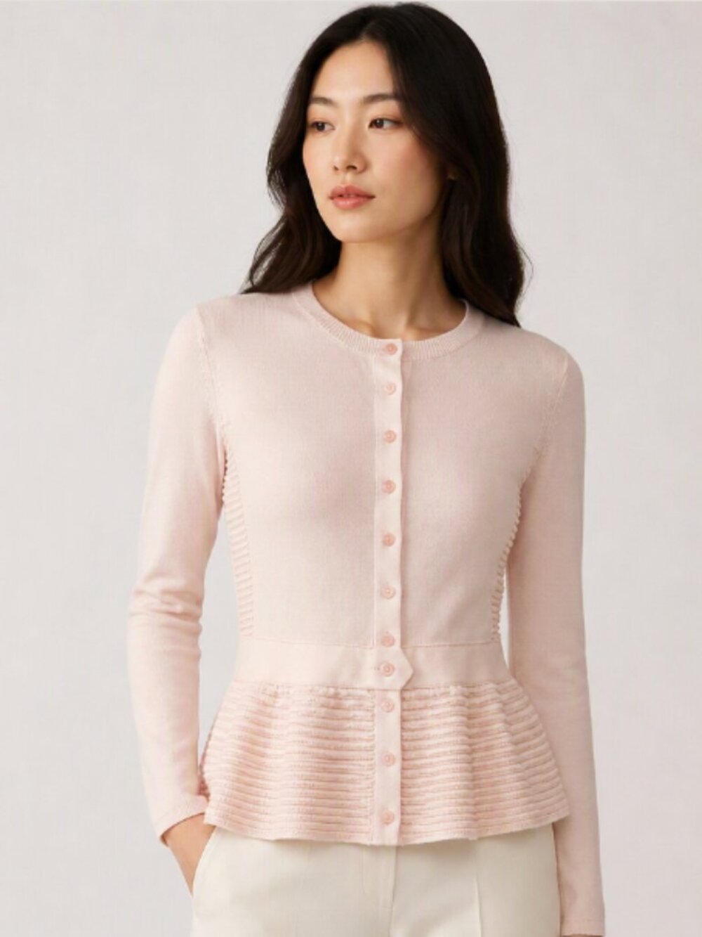 PAULE KA Knit Peplum Cardigan Top Blush Pink Small Quiet Luxury Old Money Preppy
